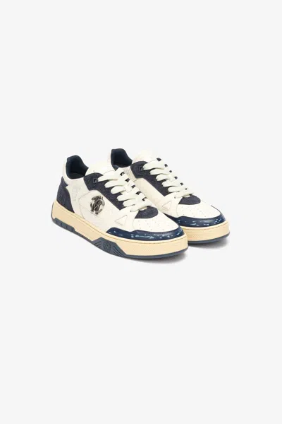 Roberto Cavalli Sneakers With Inserts And Monogram Mirror Snake In White/blue