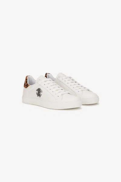 Roberto Cavalli Trainers With Jaguar Skin Insert In White/ant Silver