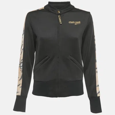 Roberto Cavalli Sport Black Animal Print Trim Crepe Zip Up Jacket In Multi