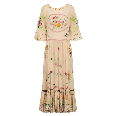 Pre-owned Roberto Cavalli Ss 08 Rare Hand Painted Maxi Dress In Sand