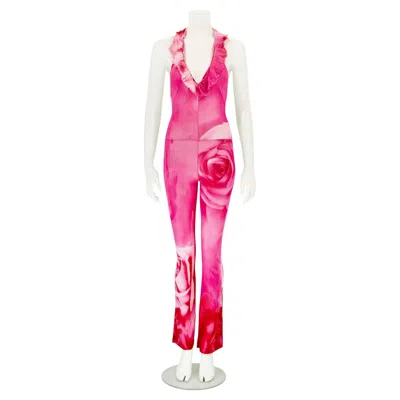 Pre-owned Roberto Cavalli S/s 2000 Pink Floral Rose Silk Jumpsuit In Red