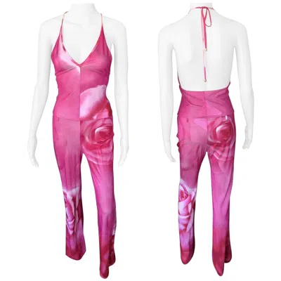 Pre-owned Roberto Cavalli S/s 2000 Plunging Open Back Mesh Playsuit Romper Jumpsuit In Pink