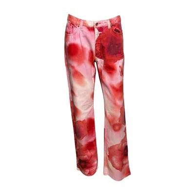 Pre-owned Roberto Cavalli S/s 2000 Red Floral-print Straight-leg Jeans