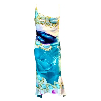 Pre-owned Roberto Cavalli S/s 2001 Runway Face Eye Print Bias Cut Silk Slip Evening Dress In Blue