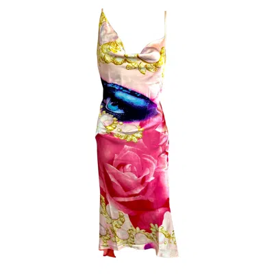 Pre-owned Roberto Cavalli S/s 2001 Runway Face Eye Print Bias Cut Silk Slip Evening Dress In Sand