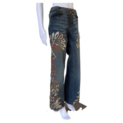 Pre-owned Roberto Cavalli S/s 2002 Blue Denim �baroque Cutout Floral� Embroidered Jeans