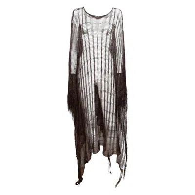 Pre-owned Roberto Cavalli S/s 2002 Dark Brown Metallic Open-weave Fringed Floor-length Poncho