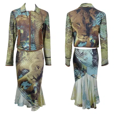 Pre-owned Roberto Cavalli S/s 2002 Lion And Jungle Print Jacket X Skirt Set In Gray
