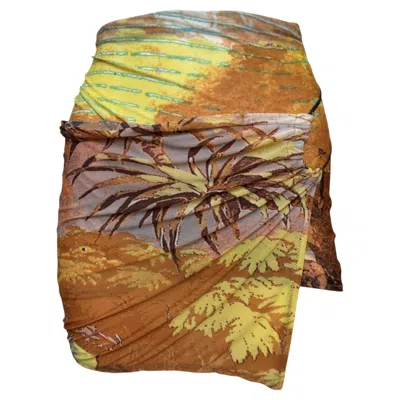 Pre-owned Roberto Cavalli S/s 2002 Ochre Tropical-print Ruched Wrap Mini Skirt In Brown