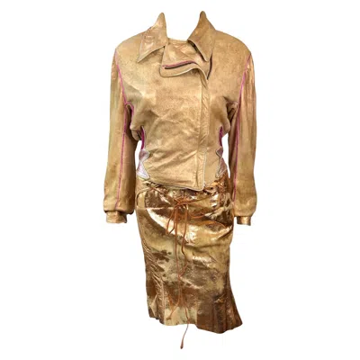 Pre-owned Roberto Cavalli S/s 2002 Runway Metallic Leather Jacket Coat & Skirt 2 Piece Set In Brown