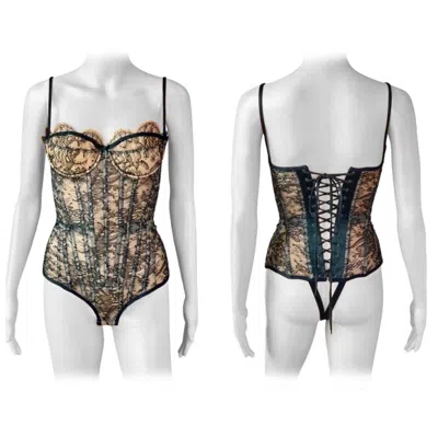 Pre-owned Roberto Cavalli S/s 2003 Bustier Lace-up Corset Sheer Lace Black Bodysuit Top