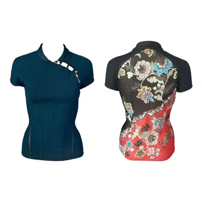 Pre-owned Roberto Cavalli S/s 2003 Chinoiserie Cheongsam Collar Tie Cap Sleeve Blouse Top In Black