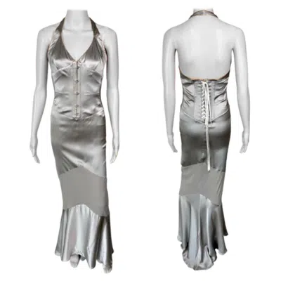Pre-owned Roberto Cavalli S/s 2003 Corset Plunged D�collet� Silver Evening Dress Gown
