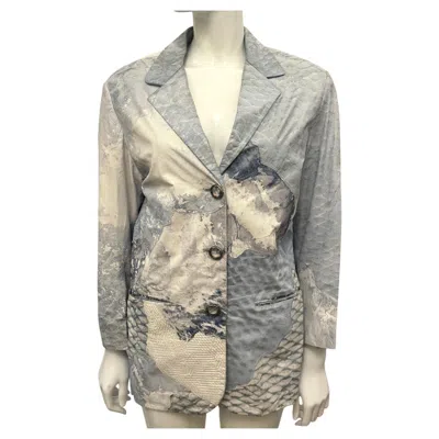 Pre-owned Roberto Cavalli S/s 2003 Patchwork Python Embossed Leather Jacket Ice Blue Grey In Gray
