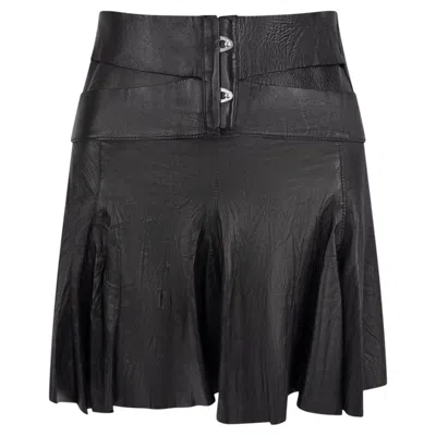 Pre-owned Roberto Cavalli S/s 2003  Wrinkled Black Leather Bandage Flare Mini Skirt M