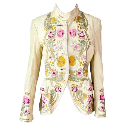 Pre-owned Roberto Cavalli S/s 2003 Runway Embroidered Floral Leather Jacket Coat In Sand