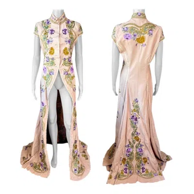 Pre-owned Roberto Cavalli S/s 2003 Runway Leather Embroidered Floral Train Jacket Coat In Sand