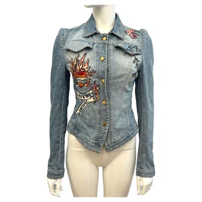 Pre-owned Roberto Cavalli S/s 2003 Tattoo & Floral Embroidery Denim Jacket In Gray