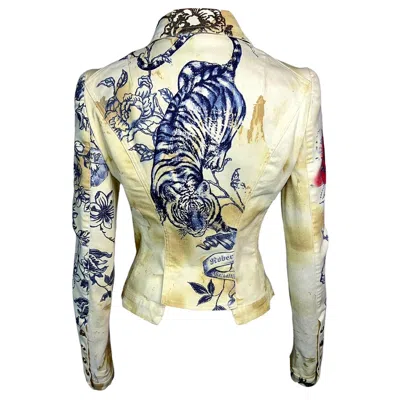 Pre-owned Roberto Cavalli S/s 2003 Tattoo Print Denim Jacket Coat In Sand
