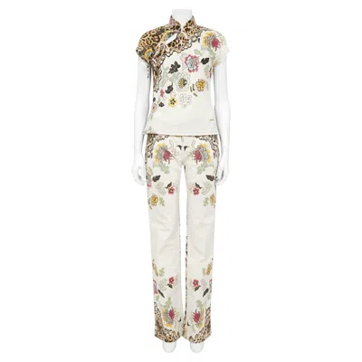 Pre-owned Roberto Cavalli S/s 2003 White Floral Chinoiserie Top & Jeans Set