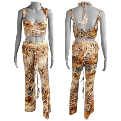 Pre-owned Roberto Cavalli S/s 2004 Bustier Corset Bra Top Pants Belt Ensemble 4 Piece Set In Brown