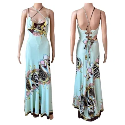 Pre-owned Roberto Cavalli S/s 2004 Cutout Lace Up Plunging Neckline Maxi Evening Dress In Gray
