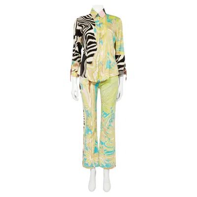 Pre-owned Roberto Cavalli S/s 2004 Green Zebra Print Silk Top & Jeans Set