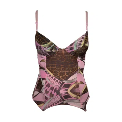 Pre-owned Roberto Cavalli S/s 2004 Pink & Brown Mixed Animal Print Structured Corset
