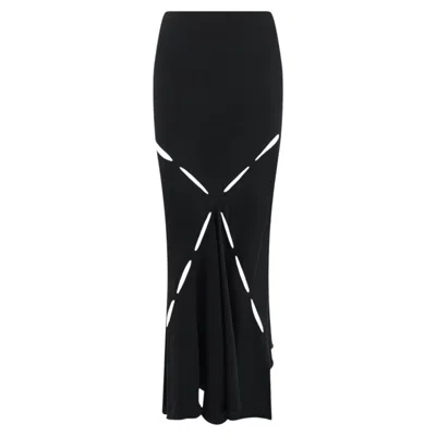 Pre-owned Roberto Cavalli S/s 2004  Black Silk Satin Slash Cutout Flare Maxi Skirt Medium