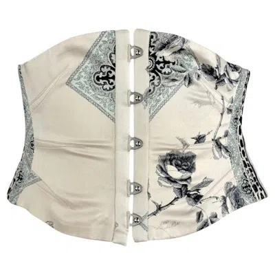 Pre-owned Roberto Cavalli S/s 2004  Creme Silk Satin Floral Print Corset Waist Belt S In Gray