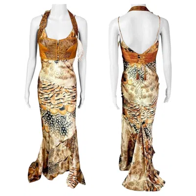 Pre-owned Roberto Cavalli S/s 2004 Runway Cutout Dress And Leather Bustier Bra 2 Piece Set In Sand