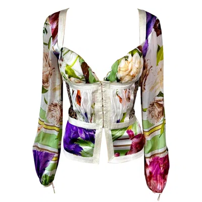 Pre-owned Roberto Cavalli S/s 2005 Bustier Corset Plunging Silk Blouse Top In Sand