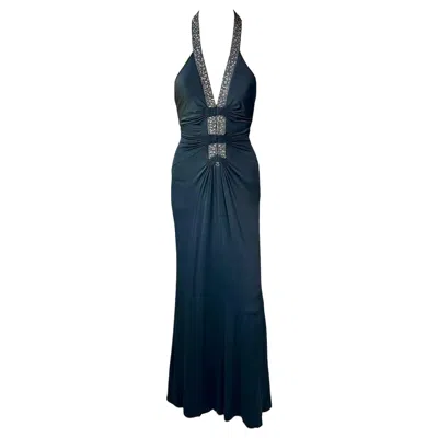 Pre-owned Roberto Cavalli S/s 2005 Embellished Plunging Neckline Black Maxi Evening Dress
