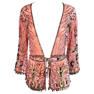 Pre-owned Roberto Cavalli S/s 2005 Embellished Sheer Mesh Embroidered Cardigan Jacket Top In Brown