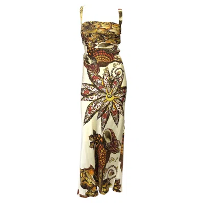 Pre-owned Roberto Cavalli S/s 2005  Silk Seashell Print Cream Satin Chiffon Maxi Dress In White