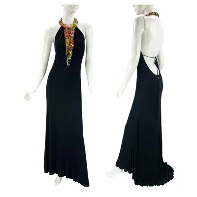 Pre-owned Roberto Cavalli S/s 2007 Runway Embellished Open Back Jersey Halter Gown 42 Us 6 In Black