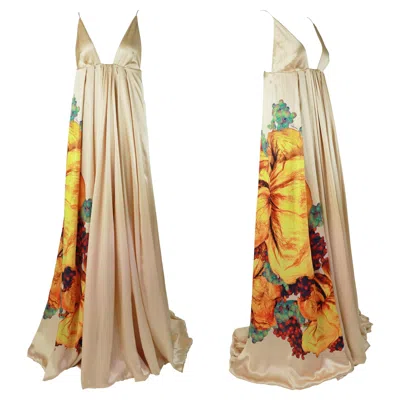 Pre-owned Roberto Cavalli S/s 2008 Wide Flared Floral Print Ivory Silk Gown New With Tags In White