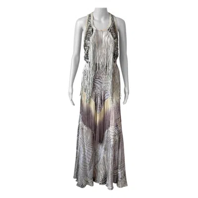 Pre-owned Roberto Cavalli S/s 2011 Leather Fringed Top Vest & Skirt Ensemble 2 Piece Set In Gray