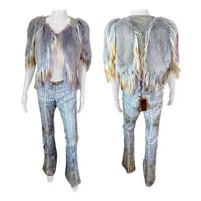 Pre-owned Roberto Cavalli S/s 2011 Mink Goat Fur Coat & Pants Ensemble 2 Piece Set In Gray