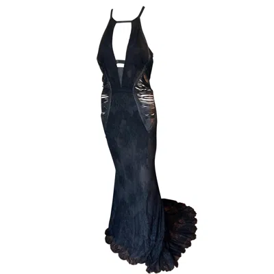 Pre-owned Roberto Cavalli S/s 2013 Leather Cutout Open Back Black Evening Dress Gown