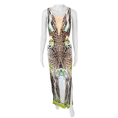 Pre-owned Roberto Cavalli S/s 2013 Leather Fringe Plunging Backless Maxi Dress In Sand