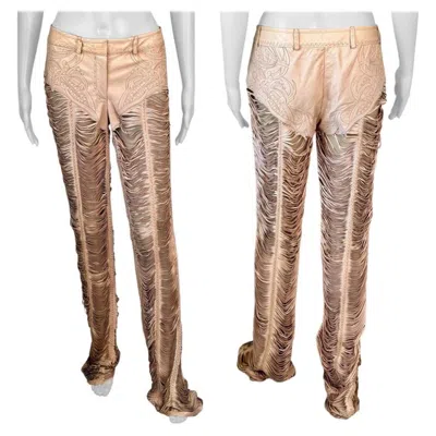 Pre-owned Roberto Cavalli S/s 2013 Runway Fringe Cutout Leather Pants In Sand