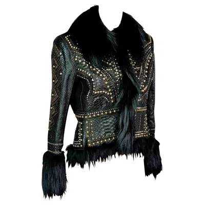 Pre-owned Roberto Cavalli S/s 2014 Embellished Studded Python Leather & Fur Jacket Coat In Black