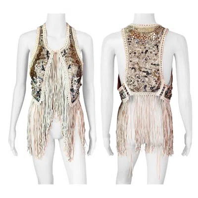 Pre-owned Roberto Cavalli Ss2011 Runway Unworn Embellished Leather Fringed Top Vest Jacket In Sand