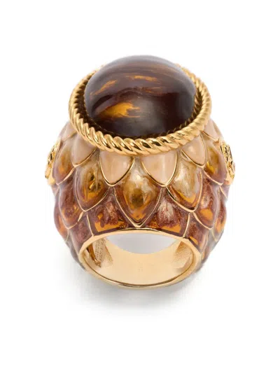 Roberto Cavalli Stone-embellished Scaled Ring In Gold