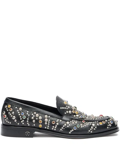 Roberto Cavalli Stone-studded Leather Loafers In Black