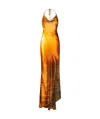 Roberto Cavalli Printed Silk Chiffon Satin Long Dress In Brown