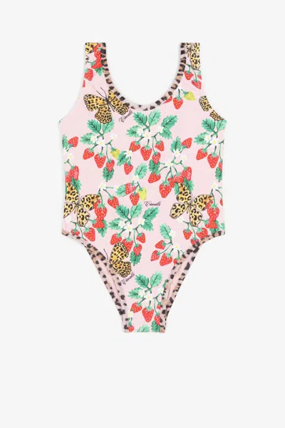 Roberto Cavalli Strawberry And Butterfly-print Logo Swimsuit In Pink