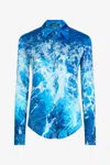 Roberto Cavalli Sicily Ocean-print Crinkle Silk Blouse In Blue