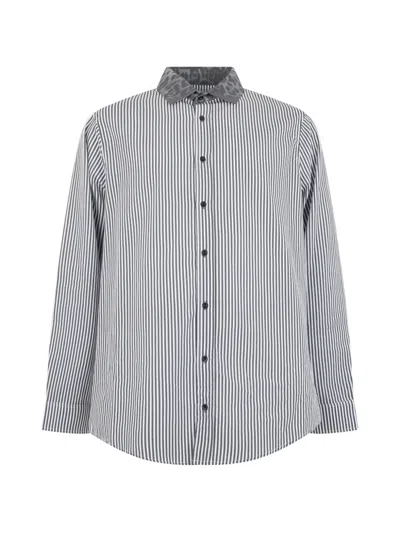 Roberto Cavalli Striped Leopard-print Collar Shirt In Gray